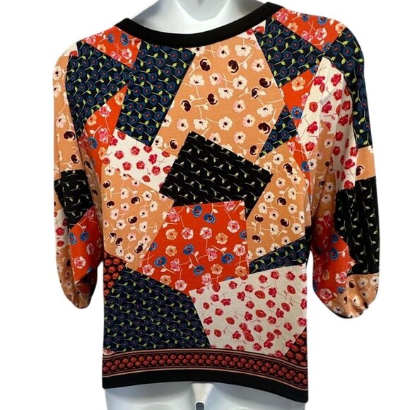 Eci New York Boho Flowy Top Floral Patchwork Print Cold Shoulder Blouse Size L - Picture 3 of 8